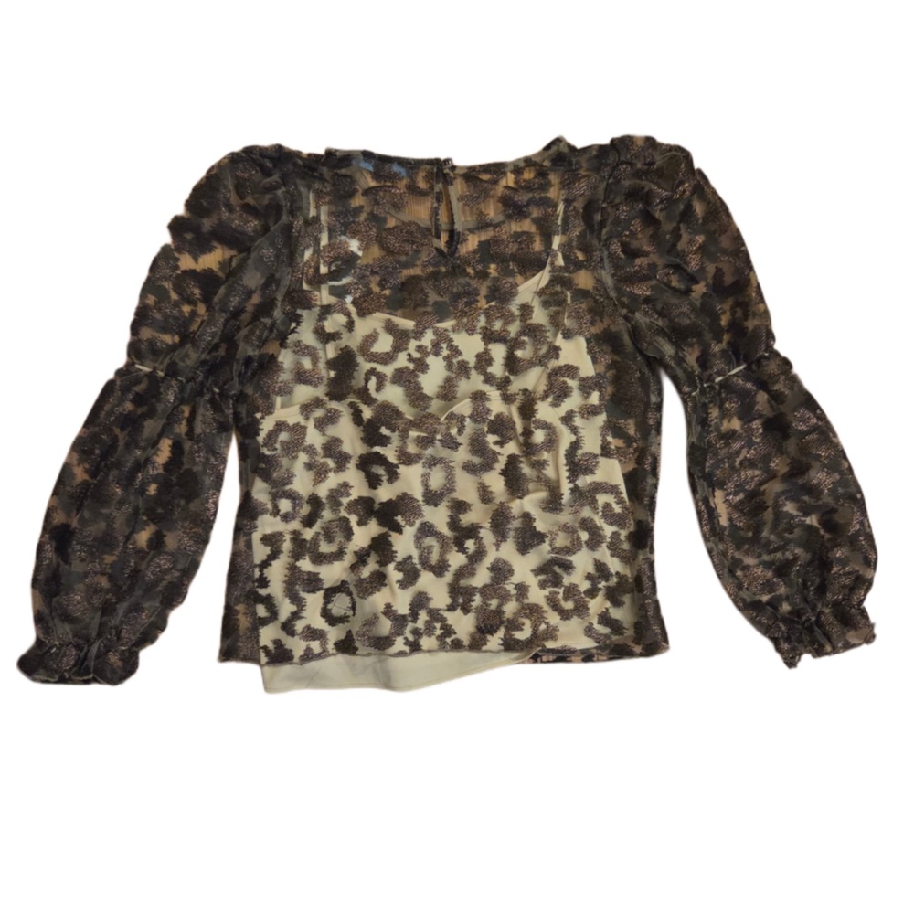 Anthropologie Sheer Animal Print Metallic Shimmer Long Sleeve Crew Neck Blouse!